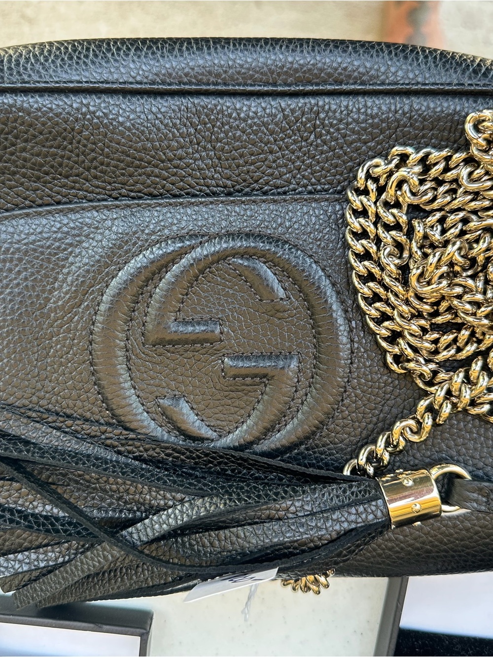 Gucci Black Pebbled Leather Crossbody with Gold Chain and Tassel